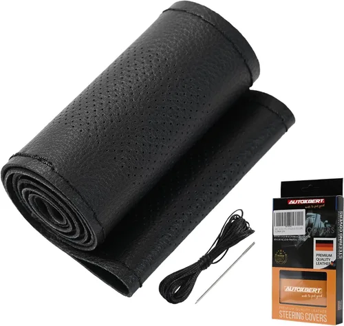 Miniatura 12 de AUTOXBERT Funda de volante de 38cm/15 pulgadas de piel auténtica para coser a mano, estilo DIY, con hilo y agujas, se ajusta para VW Ford Nissan Kia
