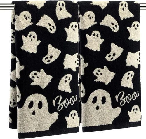 Breling 2 toallas de mano de fantasma de Halloween, color blanco y negro, bonitas toallas de baño 100% algodón, altamente absorbentes, platos de