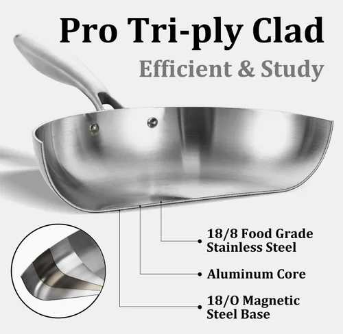 Miniatura 2 de LOLYKITCH Sartén de acero inoxidable de 8.5 pulgadas de tres capas con tapa, sartén, sartén de cocina para inducción, apta para lavavajillas