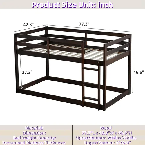 Miniatura 2 de Litera de tamaño individual sobre individual, litera de piso con escalera, barandillas de seguridad, literas de madera para camas individuales