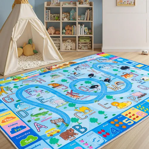 Miniatura 11 de Alfombra interactiva de juego para niños, de 4 x 6 pies, alfombra educativa para aprendizaje temprano con alfabeto, números, animales
