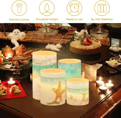 Miniatura 3 de Velas LED parpadeantes operadas por batería, juego de 4 con control remoto y temporizador, velas de llama danzante, velas de pilar para mesa, Playa