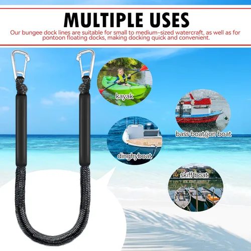 Miniatura 2 de Líneas de muelle elástico para barcos, cuerda flotante sin fregadero con ganchos dobles, amarre de barco resistente para muelle para pontón jet ski