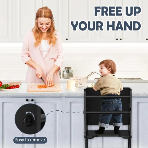 Miniatura 5 de Woodure Taburete de cocina 4 en 1 para niños, torre de pie plegable de aprendizaje con pizarra, taburete de cocina de madera para niños, regalos