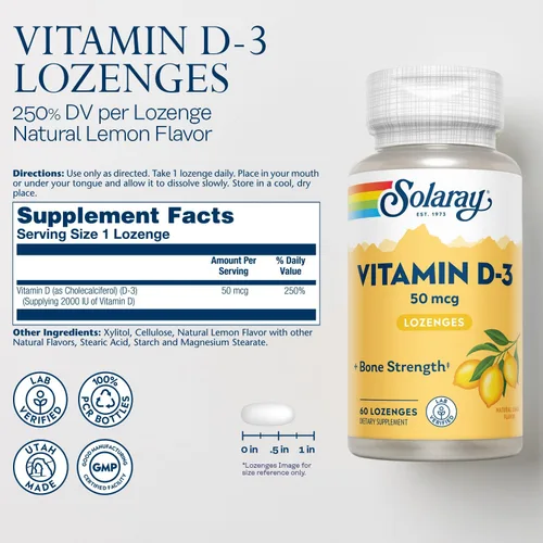 Miniatura 2 de SOLARAY Pastillas de vitamina D3 de 50 mcg – 2000 UI de vitamina D3 – Huesos fuertes, apoyo muscular e inmunológico – Sabor natural de limón