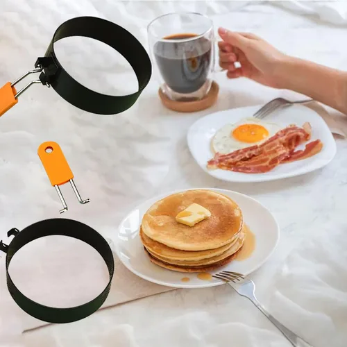 Miniatura 5 de Anillos redondos para huevos para freír huevos, paquete de 2 anillos de huevo de 3.5 pulgadas con mango de silicona, molde de huevo para sándwiches