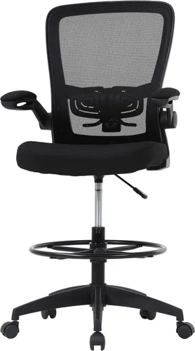 PayLessHere Silla ergonómica de dibujo, silla de oficina alta ajustable con soporte lumbar, respaldo de malla, brazos abatibles para oficina, Negro