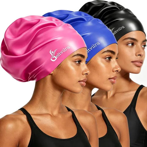 Miniatura 9 de Paquete de 3 gorros de natación extra grandes para trenzas y rastas de cabello largo, negro, mujeres y hombres, natación, silicona, impermeable