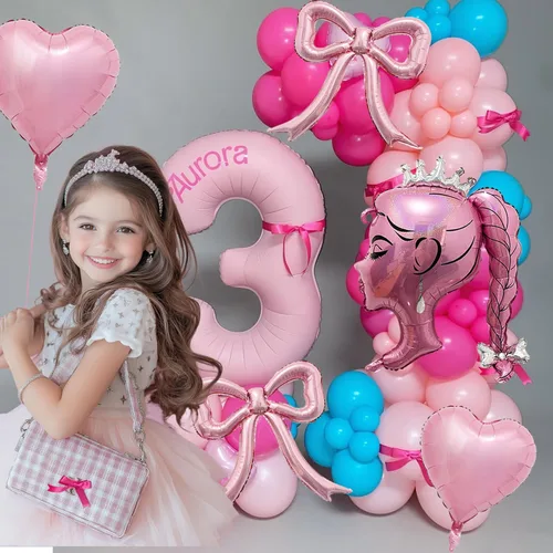Miniatura 4 de Juego de globos de aluminio rosa princesa, 5 globos de lazo rosa, lámina de muñeca de corona y globos de corazón para maquillaje, cumpleaños
