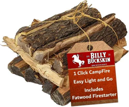 Billy Buckskin 1 Click Fire - Paquete de leña de 19 libras – Enebro, piñón y mezquite y palitos de astillas resinosas - Troncos de leña partida y