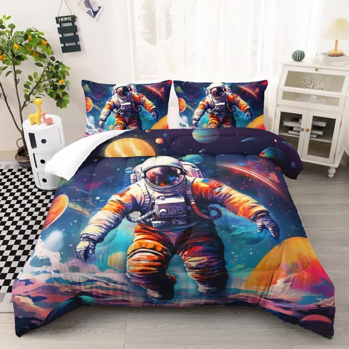 Miniatura 14 de AILONEN Juego de edredón de gato astronauta, tamaño individual, hermoso juego de ropa de cama cósmico estrellado para dormitorio, juego de edredón