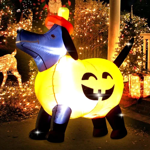 Miniatura 5 de Decoración inflable de calabaza para perro de 4 pies de largo con luces LED, calabaza salchicha de calabaza, decoración inflable para exteriores