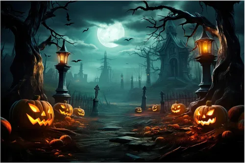 Peryiter Telón de fondo de Halloween para fotografía de terror, luna, noche, calabaza, fondo de fotos, decoración de fiesta (7 x 5 pies)