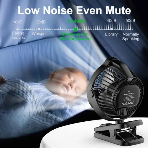 Miniatura 9 de Minthouz Ventilador de clip – Ventilador pequeño recargable USB C de 8000 mAh con indicador de nivel de batería, rotación de 720° de bajo ruido