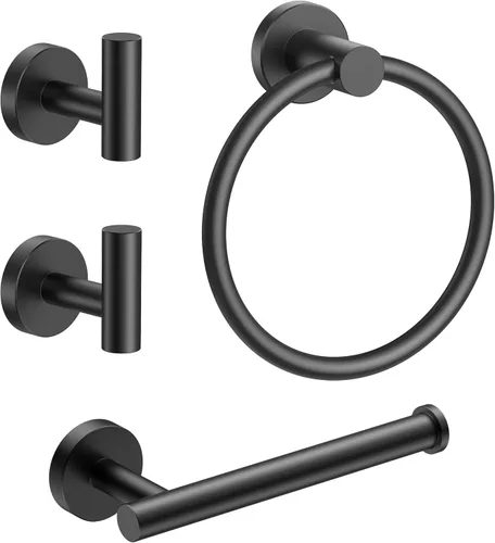 FORIOUS 4 accesorios de baño, soporte para papel higiénico de acero inoxidable SUS304, anillo para toalla y 2 ganchos para toallas, juego de Negro