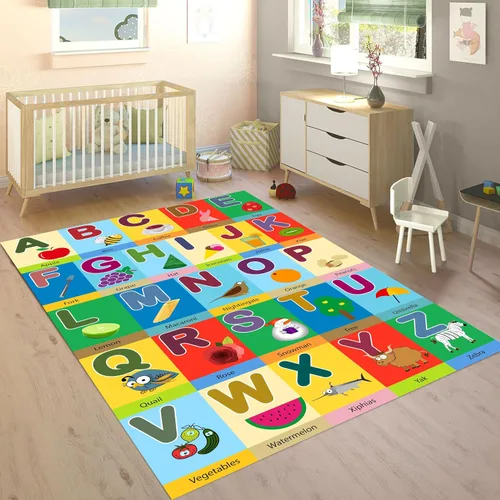 Miniatura 8 de Tapete educativo de 3 x 4 pies, tapete de aprendizaje ABC y 123 para niños pequeños con diseños de animales, alfombra antideslizante lavable