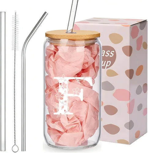 Miniatura 12 de Regalos personalizados para mujeres, tazas de vidrio con monograma con tapas y pajitas, regalos personalizados para mujeres, vasos de café helado