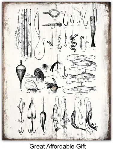 Miniatura 5 de Accesorios de pesca, impresión de patente, caña, carrete, señuelos, juego de arte de pared – Decoración de casa de lago o montaña para el hogar