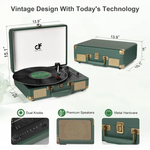 Miniatura 9 de Tocadiscos de vinilo Bluetooth de 3 velocidades portátil tipo maleta con altavoces integrados, grabación USB de vinilo a MP3, RCA, AUX y salida