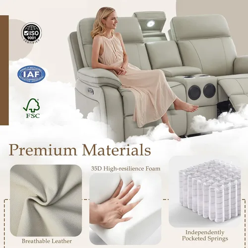 Miniatura 6 de Sofá biplaza reclinable eléctrico con luz de lectura LED, cajón de almacenamiento, altavoces Bluetooth, sofá reclinable de pared con enchufes