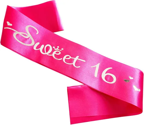 Cinta de satén rosa intenso con letras plateadas, decoraciones de banda de cumpleaños 16, regalos para niñas, suministros de recuerdo de fiesta de