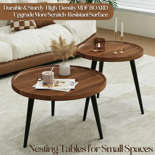 Miniatura 3 de 2 piezas de mesa de centro moderna de mediados de siglo, redonda para sala de estar, fácil de montar, mesas de centro anidables, mesa de centro