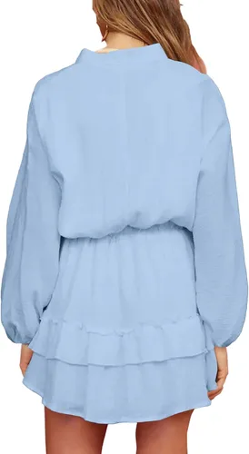 Miniatura 2 de OPOIPIN Minivestido de manga larga con cuello en V y volantes en capas para mujer