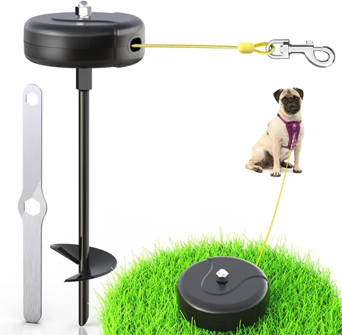 Cable y estaca de amarre para perros de 30 pies, anclaje de acero en espiral pesado de 360° sin enredos y correa retráctil para perros pequeños a
