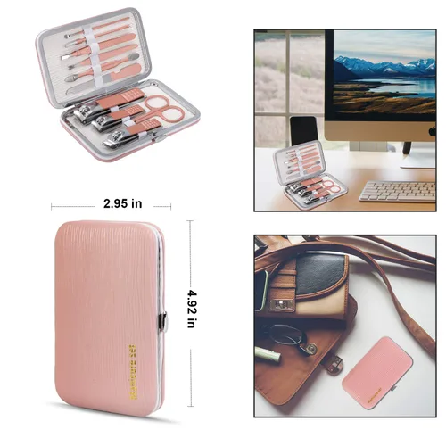 Miniatura 2 de Juego de manicura, mini cortaúñas de viaje, herramientas de cuidado de pedicura, 10 piezas de acero inoxidable kit de aseo (rosa)