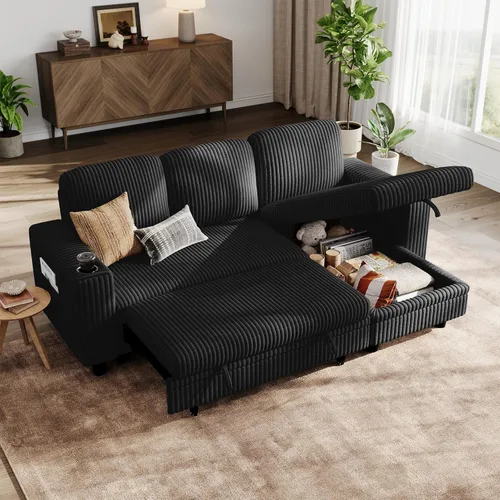 Miniatura 45 de LINSY HOME Sofá cama modular extraíble para sala de estar (beige, sofá cama 1) Sofá cama extraíble, almacenamiento, carga USB, portavasos, pana