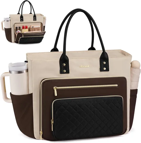 Miniatura 20 de LOVEVOOK Bolsa Tote para Maestras para Mujeres Trabajo, Bolsa para Laptop Bolsa Tote de Trabajo Bolsas de Enfermera Con Portavasos Grande, Maletín