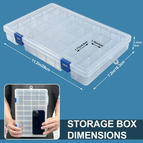 Miniatura 5 de Qualsen Paquete de 3 cajas organizadoras de plástico de 34 rejillas con divisores ajustables, caja de aparejos de pesca y caja organizadora