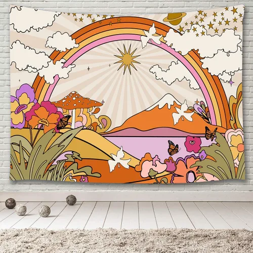 Miniatura 8 de TOMOZ Tapiz vintage de los años 70 y 60, diseño retro de flores, nubes, sol y arco iris, tapiz para colgar en la pared, tapiz psicodélico bohemio
