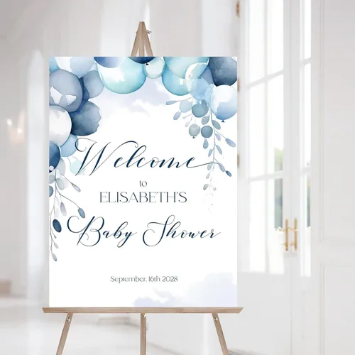 Letrero de bienvenida azul personalizado para baby shower con globos, letrero con nombre personalizado para niño o niña, género neutro, decoración 11