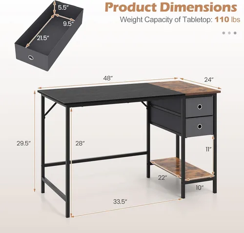 Miniatura 3 de Tangkula 48-Inch Computer Desk with 2 Drawers, Modern Home Office Desk with Hanging Hook & Storage Shelf, Multipurpose Writing Desk for Study Bedroom