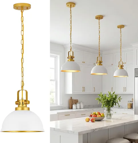 Miniatura 12 de Luces Colgantes Negras para Isla de Cocina, 11.8" Metal Martillado Negro Lámpara Colgante de Cúpula Iluminación Colgante Negra y de Madera Accesorio