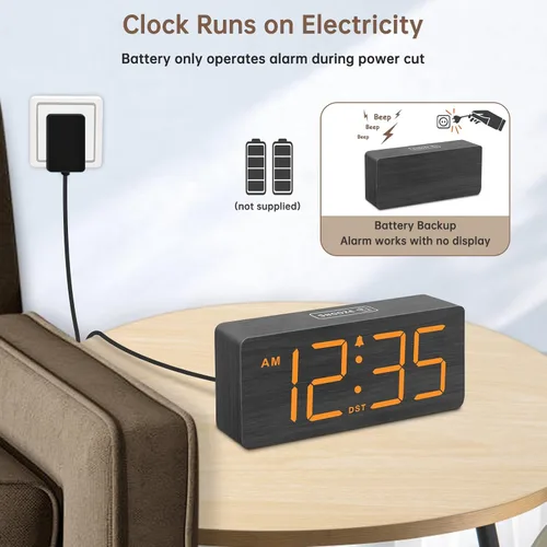 Miniatura 2 de DreamSky Reloj despertador digital de madera para dormitorio, reloj despertador fuerte para personas que duermen mucho con control de volumen