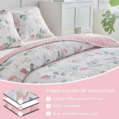 Miniatura 6 de Juego de edredón floral tamaño Queen 88x88 con flores rosas y amarillas, de microfibra suave, ligero, colcha reversible de verano de 3 piezas, juego