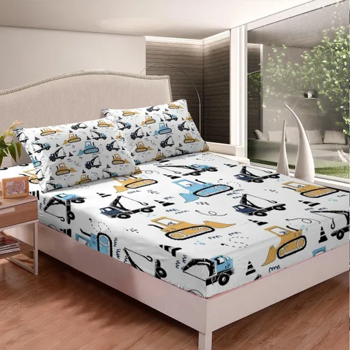 Miniatura 3 de Juego de sábanas bajeras para niños con diseño de caricaturas para niños, equipamiento para camiones, sábana de cama, excavadora, tractor, blanco