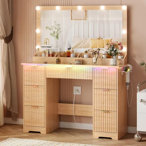 Miniatura 8 de Escritorio de tocador de 44 pulgadas con espejo grande de 38 pulgadas y 9 luces LED y parte superior de cristal y toma de corriente, juego