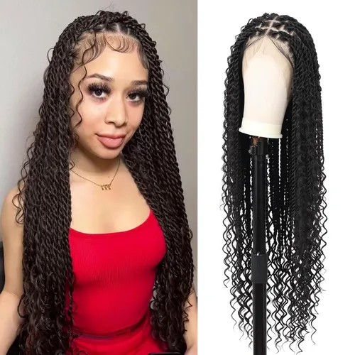 Miniatura 12 de Kalyss Pelucas trenzadas de encaje completo HD de 360° para mujer, peluca trenzada sin nudos de mariposa, peluca trenzada frontal con cabello