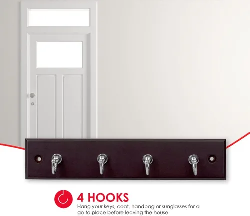 Miniatura 4 de Home Basics - Estante para llaves montado en la pared de 4 ganchos Acabado de madera de cerezo diseñado para organizar llaves, abrigos