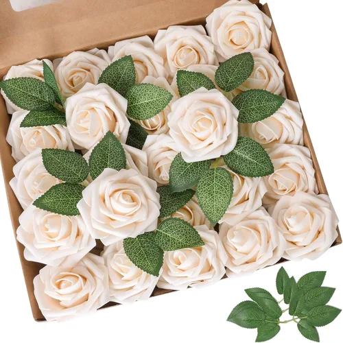 Miniatura 14 de AmyHomie 25 rosas artificiales beige de aspecto real con tallo para ramos de boda, centros de mesa, arreglos de fiesta, baby shower, día de San