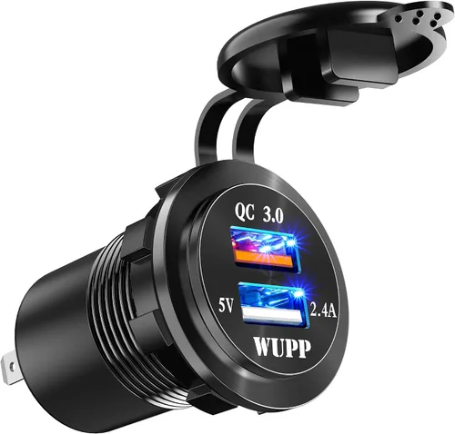 BlueFire Cargador USB 3.0 de carga rápida de aleación de aluminio mejorada, enchufe de cargador USB IP66, impermeable, doble toma de corriente USB