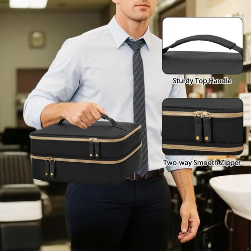 Miniatura 5 de CURMIO Estuche de transporte de viaje para cortapelos de doble capa, organizador de suministros de peluquería, bolsa de almacenamiento compatible
