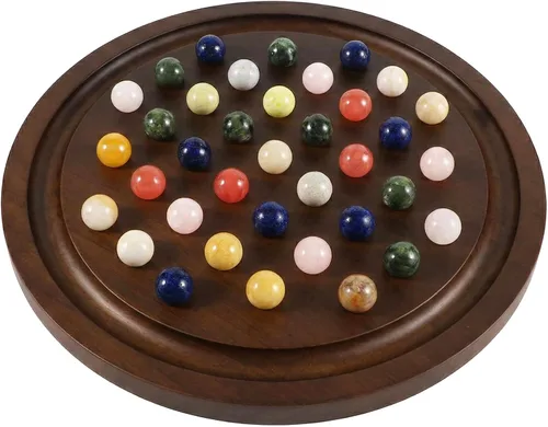 Miniatura 6 de Juego de solitario grande hecho a mano con 36 canicas de mármol natural, juego de mesa redondo clásico grueso para adultos (nogal, mediano)