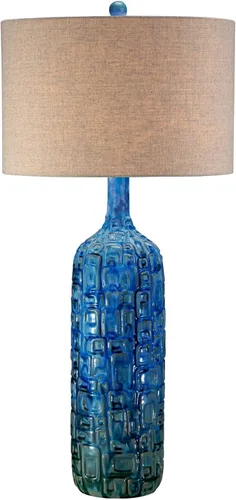 Miniatura 2 de Possini Euro Design Lámpara de mesa de estilo moderno de mediados de siglo, azulejos de cerámica, color verde azulado alto, tela de lino tostado
