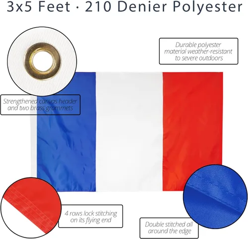Miniatura 2 de Anley EverStrong Series - Bandera de Francia de 3 x 5 pies resistente, rayas bordadas y cosidas, 4 filas de costuras de cerradura, banderas