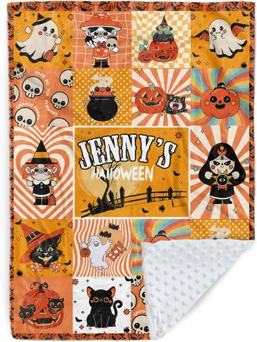 Miniatura 25 de Manta de bebé personalizada de Halloween, manta con nombre personalizado para niños pequeños, franela suave con respaldo de puntos de doble capa