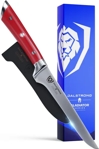 Dalstrong Cuchillo para deshuesar, 6 pulgadas, serie Gladiator, acero alemán de alto carbono, mango ABS rojo carmesí, talla de carne, recorte,